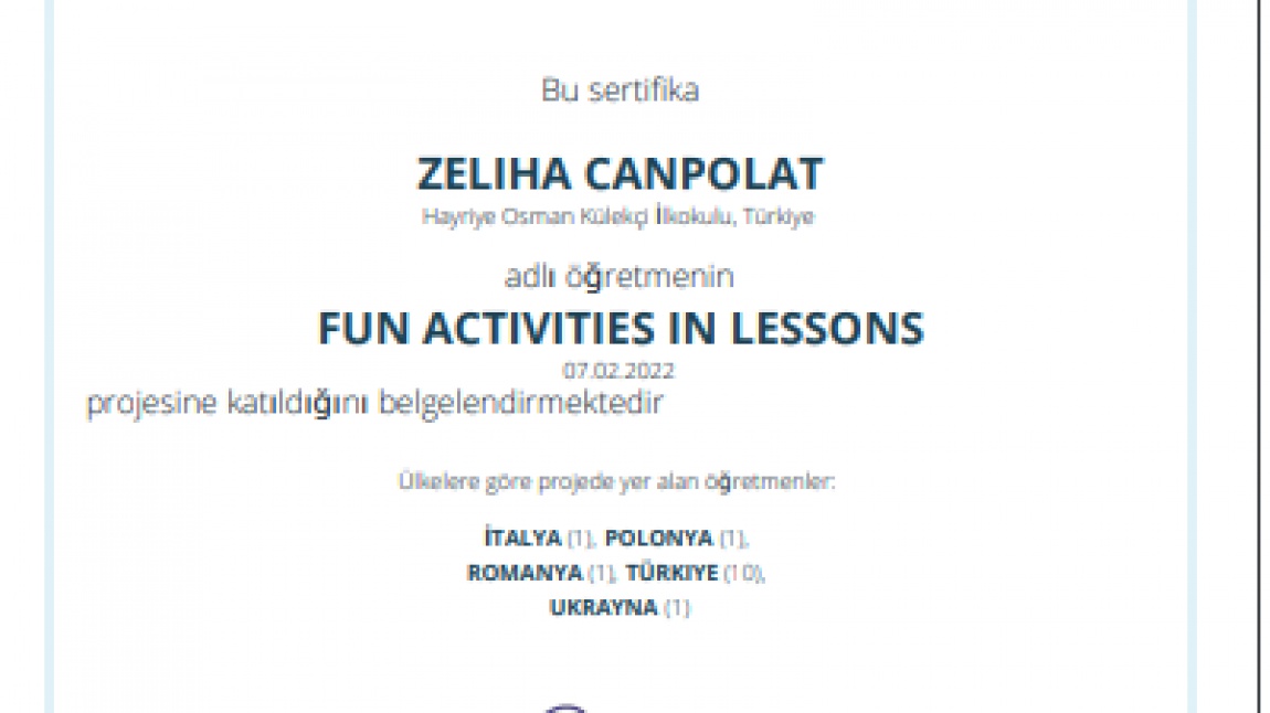 3-G Sınıfı- Zeliha Canpolat- Fun Activities in Lessons eTwinning Projesi